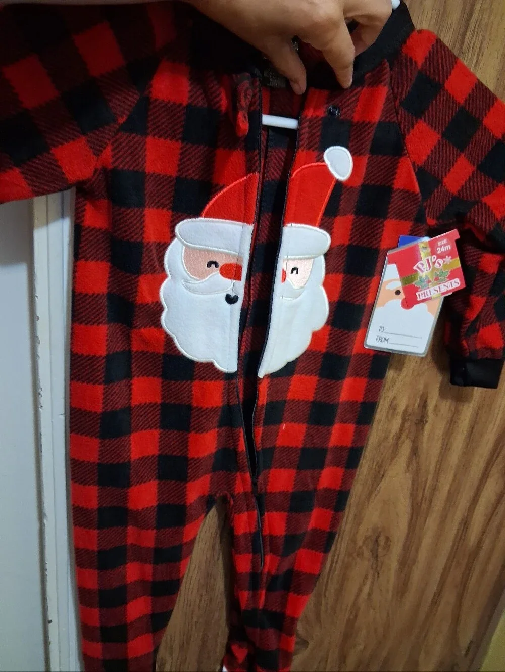 Kids Red and Black Buffalo Plaid Santa One-Piece Pajamas